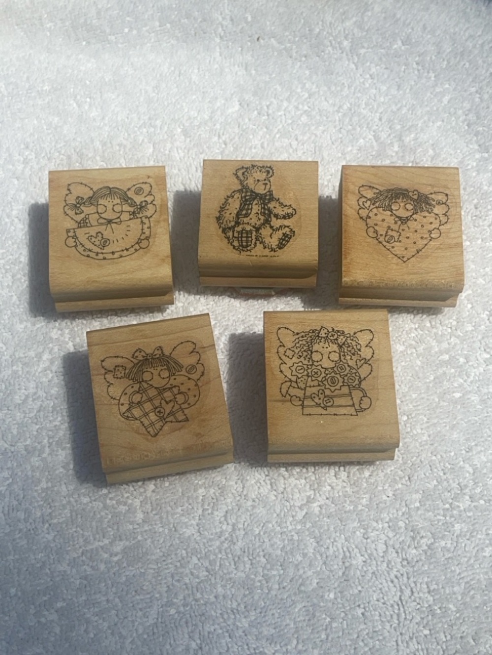 Set of 5 Wooden Craft Stamps with Cute Character Designs - Natural Wood